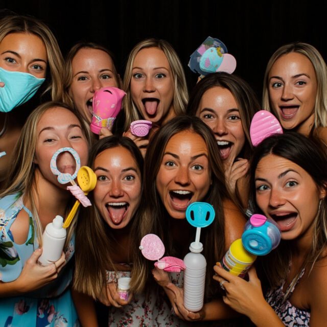 fun-foto-booths-indy-group-holding-up-babythemed-photo-booth-rental-props-like-pacifiers-baby-bottles